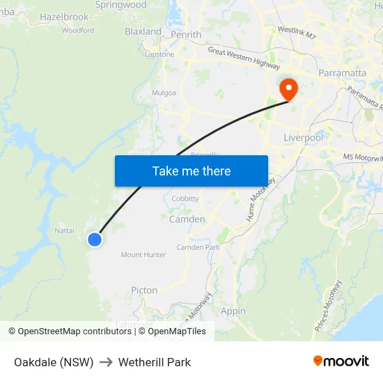 Oakdale (NSW) to Wetherill Park map