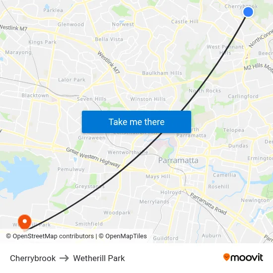 Cherrybrook to Wetherill Park map