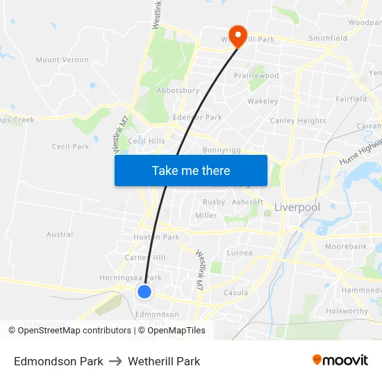 Edmondson Park to Wetherill Park map