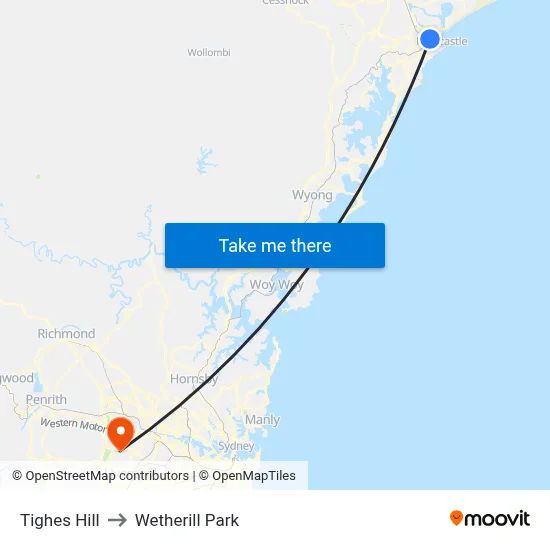 Tighes Hill to Wetherill Park map