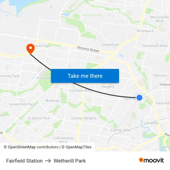Fairfield Station to Wetherill Park map