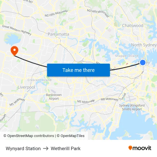 Wynyard Station to Wetherill Park map