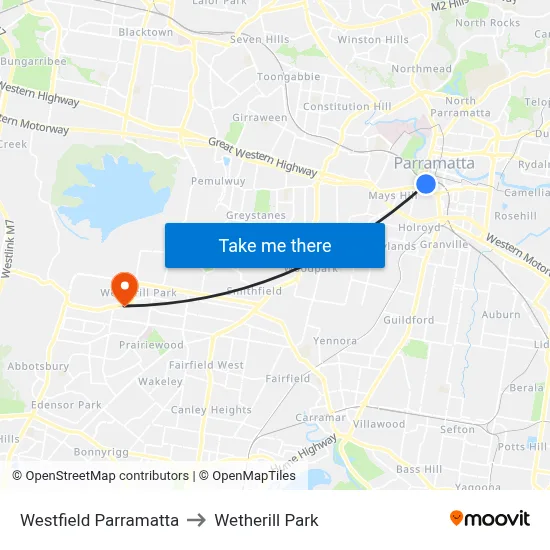 Westfield Parramatta to Wetherill Park map