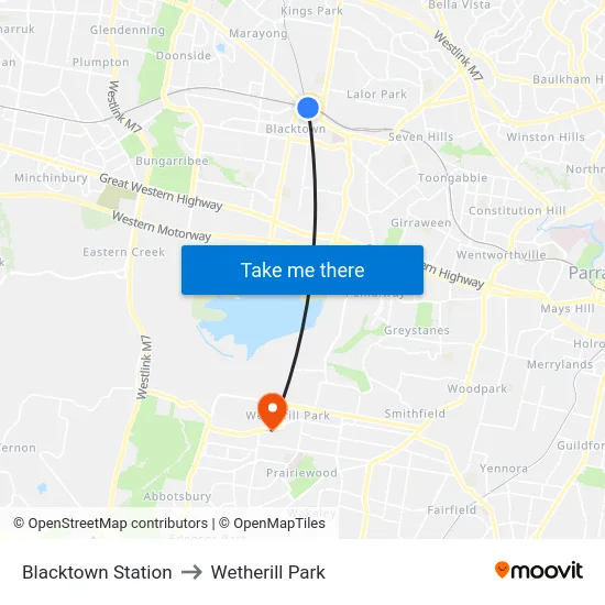 Blacktown Station to Wetherill Park map