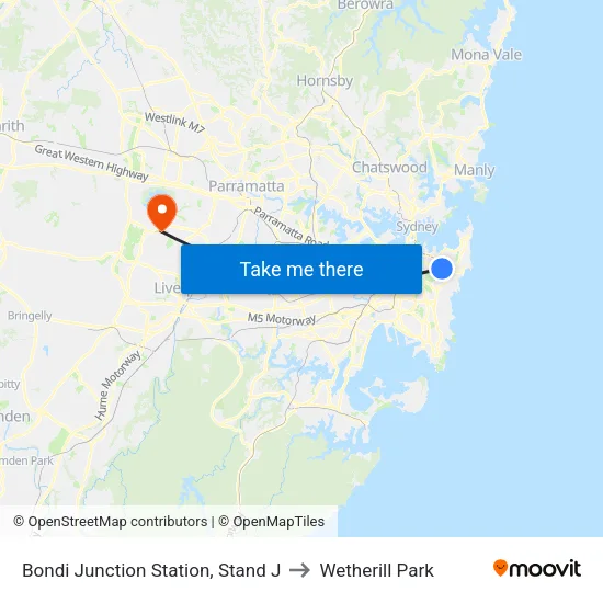 Bondi Junction Station, Stand J to Wetherill Park map