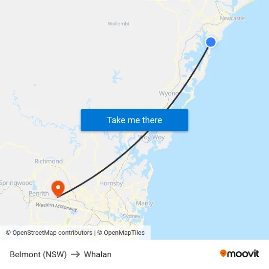 Belmont (NSW) to Whalan map