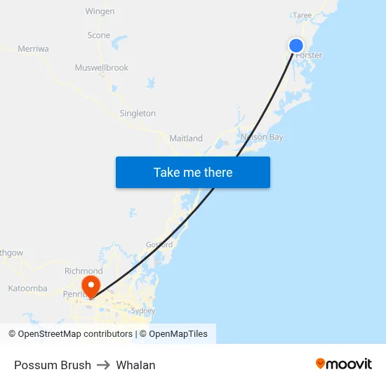 Possum Brush to Whalan map