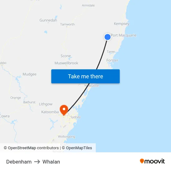 Debenham to Whalan map