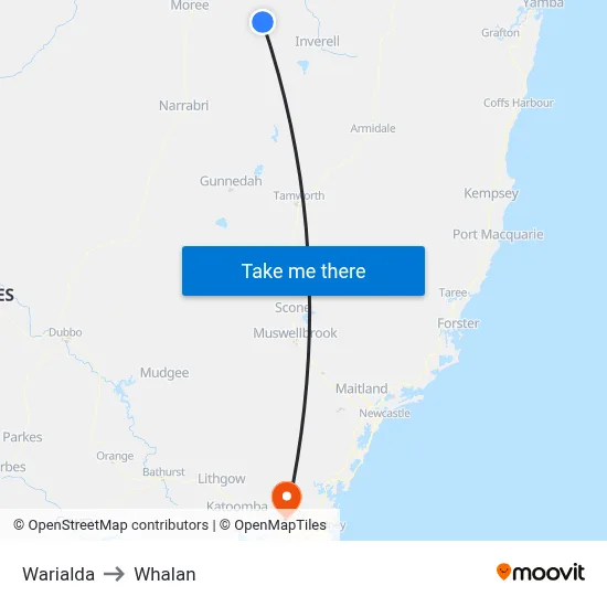 Warialda to Whalan map
