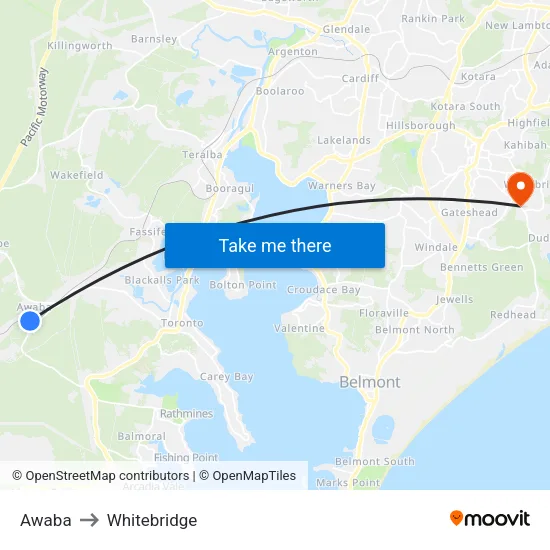 Awaba to Whitebridge map
