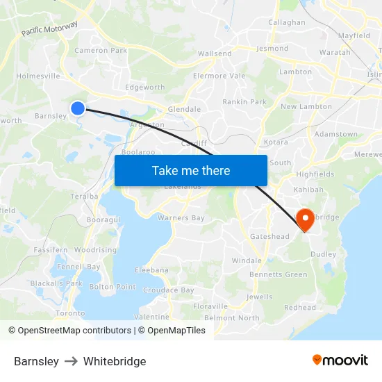 Barnsley to Whitebridge map
