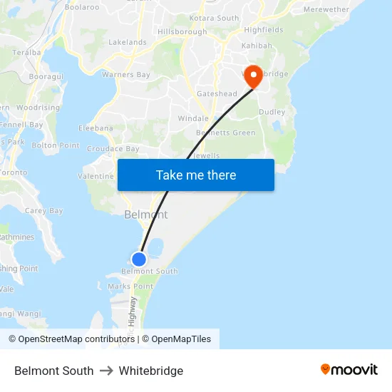 Belmont South to Whitebridge map