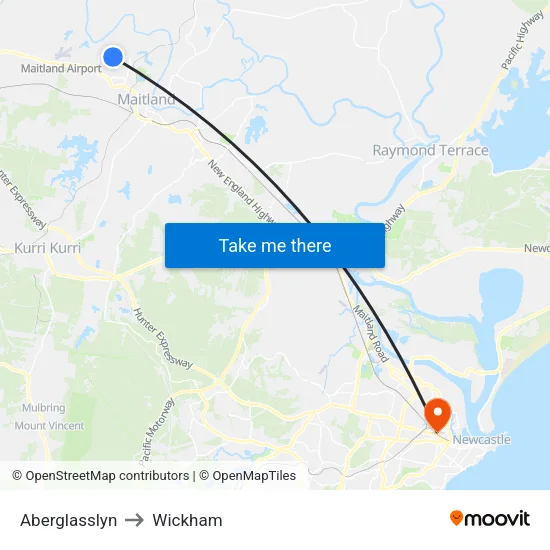 Aberglasslyn to Wickham map