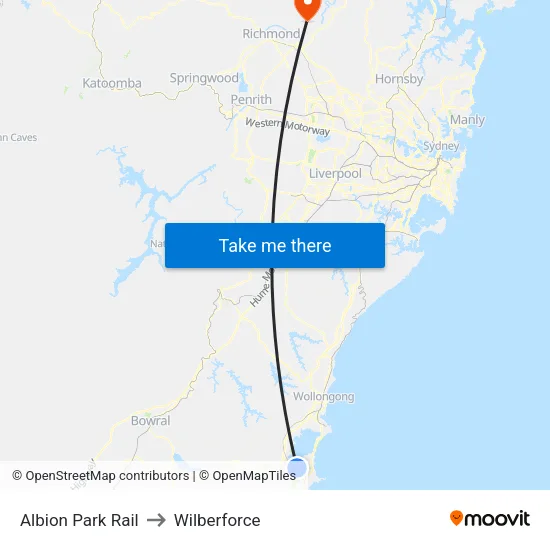 Albion Park Rail to Wilberforce map