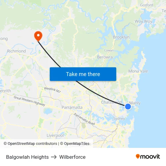 Balgowlah Heights to Wilberforce map