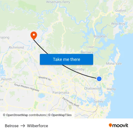 Belrose to Wilberforce map