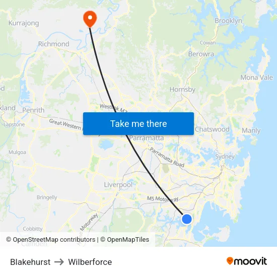 Blakehurst to Wilberforce map