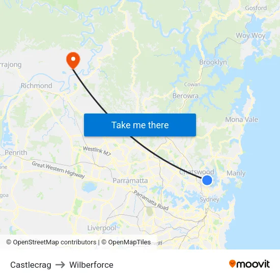 Castlecrag to Wilberforce map