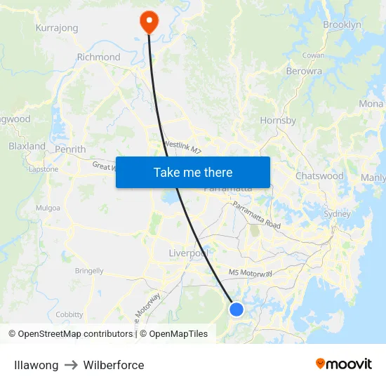 Illawong to Wilberforce map
