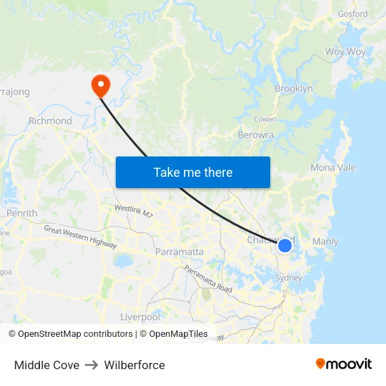 Middle Cove to Wilberforce map