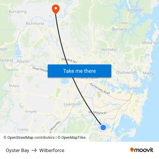 Oyster Bay to Wilberforce map