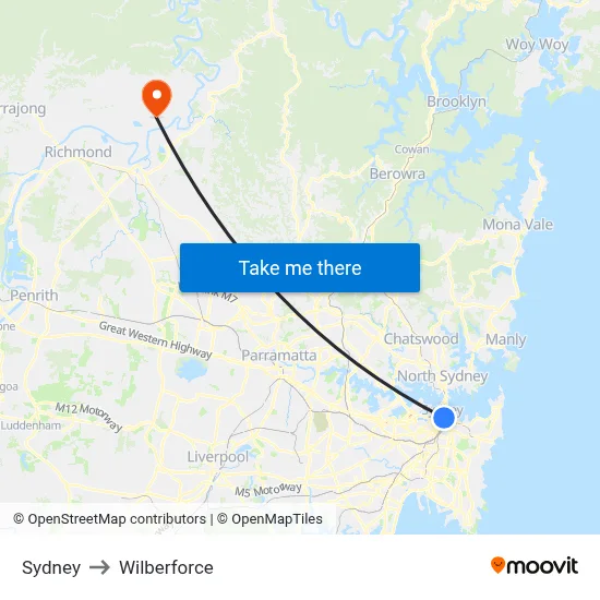 Sydney to Wilberforce map