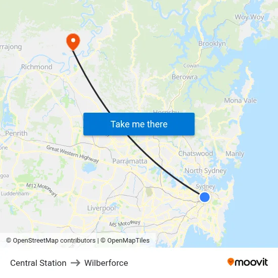 Central Station to Wilberforce map
