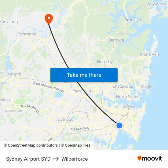 Sydney Airport SYD to Wilberforce map