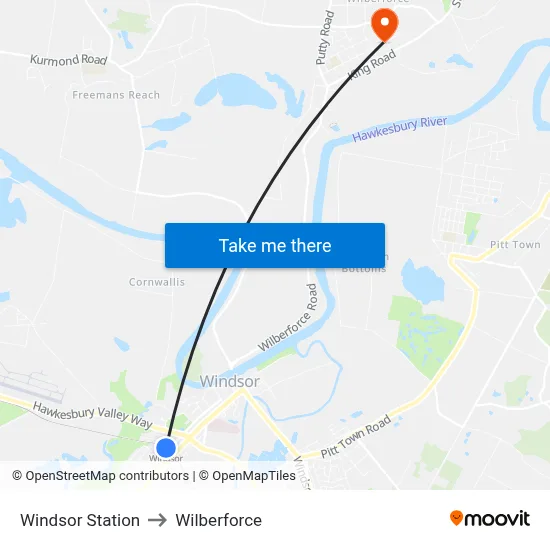 Windsor Station to Wilberforce map
