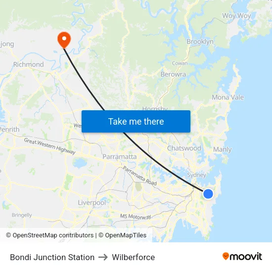 Bondi Junction Station to Wilberforce map