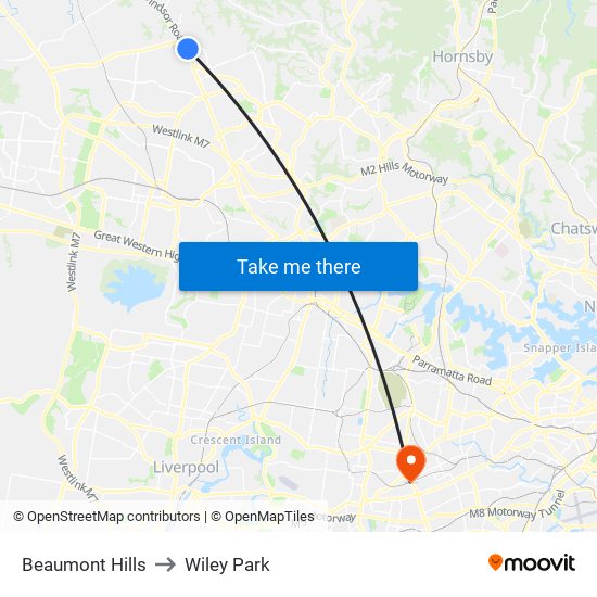 Beaumont Hills to Wiley Park map