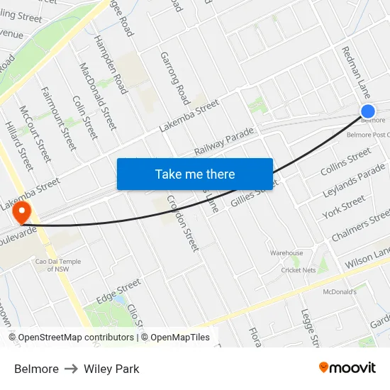 Belmore to Wiley Park map