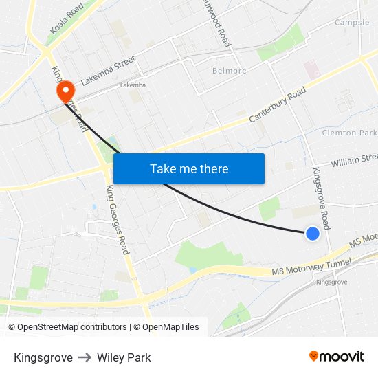Kingsgrove to Wiley Park map