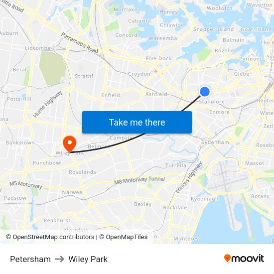 Petersham to Wiley Park map