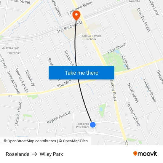 Roselands to Wiley Park map