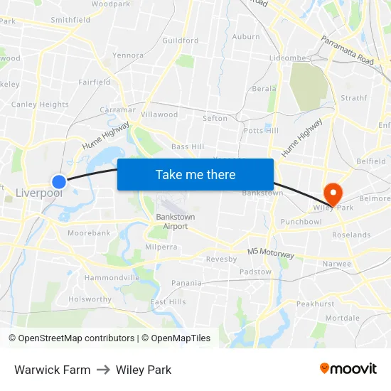 Warwick Farm to Wiley Park map