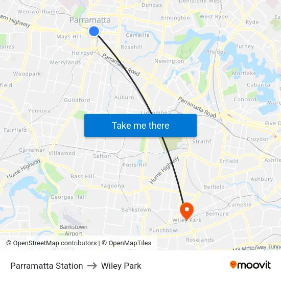 Parramatta Station to Wiley Park map