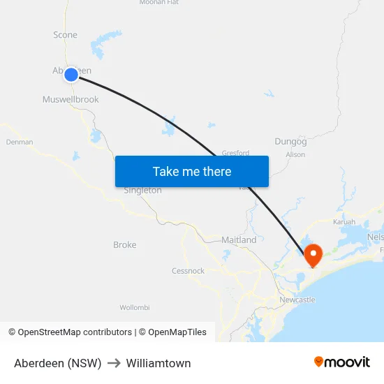 Aberdeen (NSW) to Williamtown map