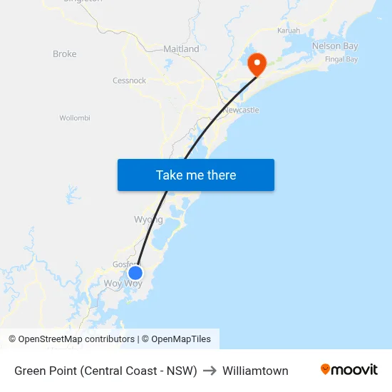 Green Point (Central Coast - NSW) to Williamtown map