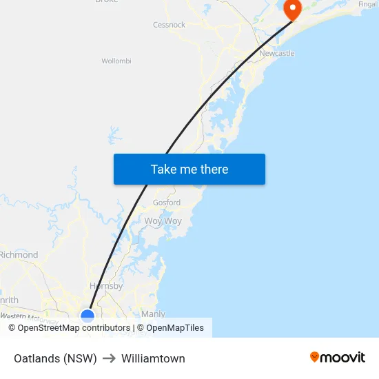 Oatlands (NSW) to Williamtown map