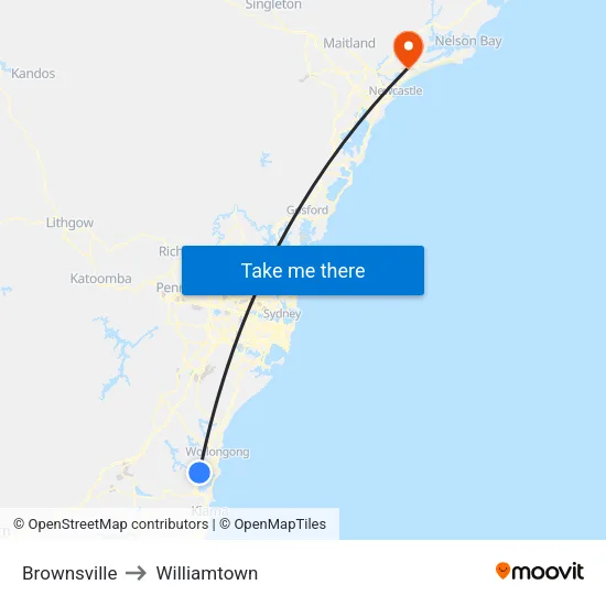 Brownsville to Williamtown map