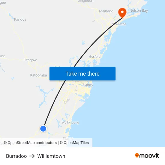 Burradoo to Williamtown map