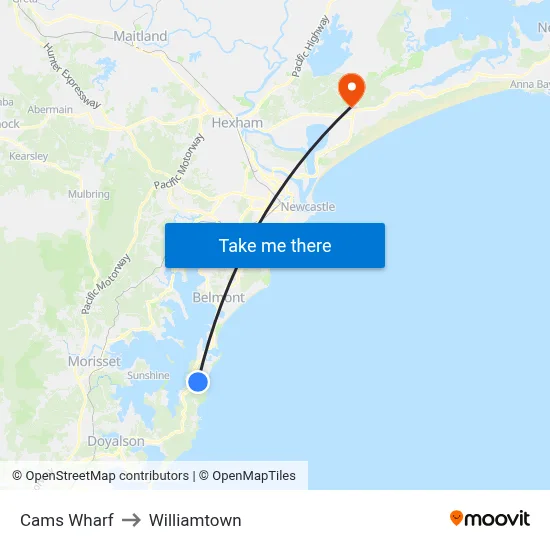 Cams Wharf to Williamtown map
