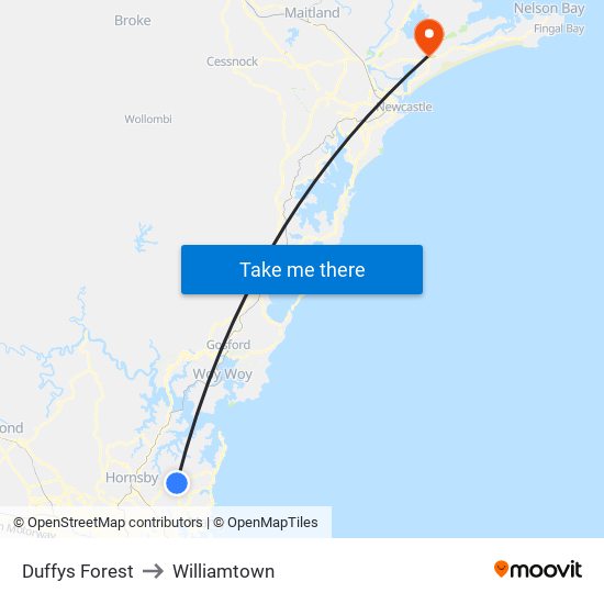 Duffys Forest to Williamtown map