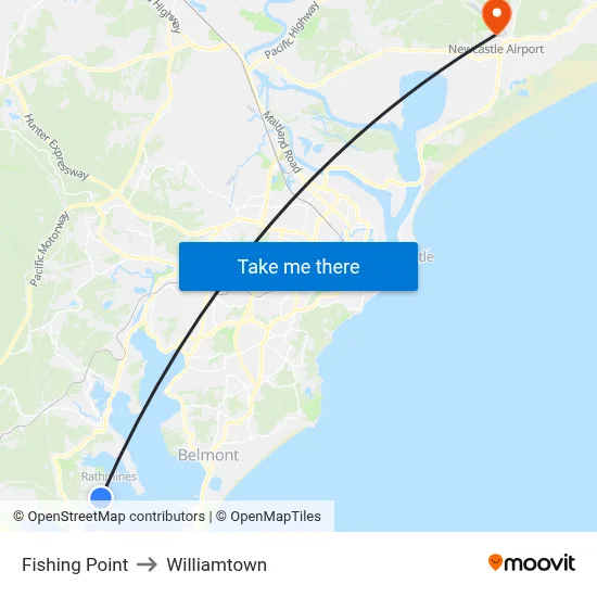 Fishing Point to Williamtown map