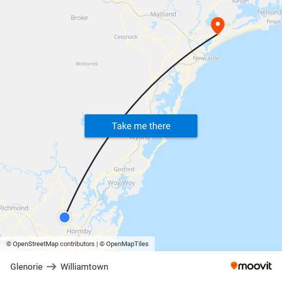 Glenorie to Williamtown map