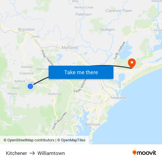 Kitchener to Williamtown map