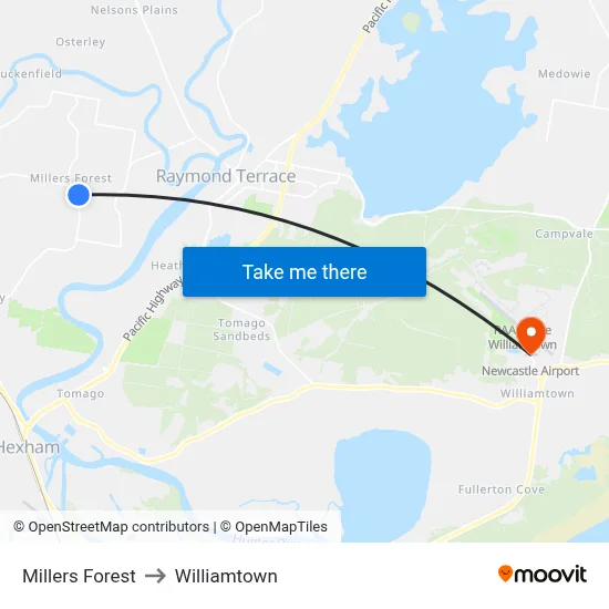 Millers Forest to Williamtown map