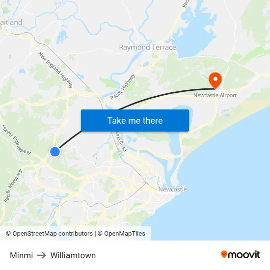 Minmi to Williamtown map