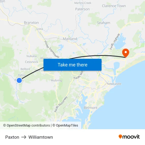 Paxton to Williamtown map
